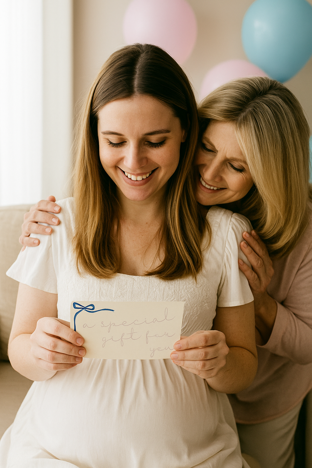 Pregnant mum holding a gift voucher card at her baby shower. Perfect personalised gift ideas