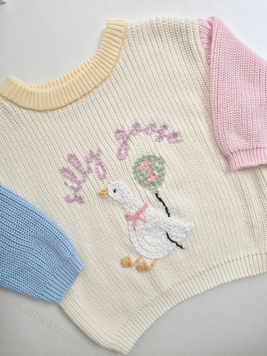 Personalised embroidered baby birthday jumper - one silly goose, with balloon and number