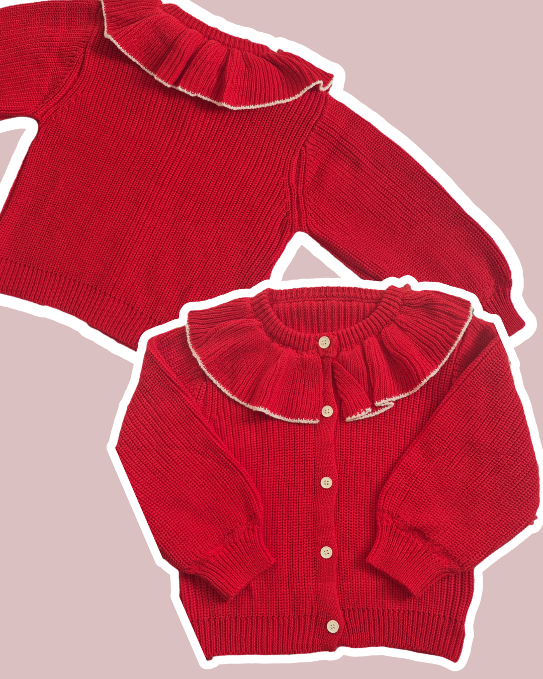 Red and white frill collar knit cardigan, personalised with name for christmas
