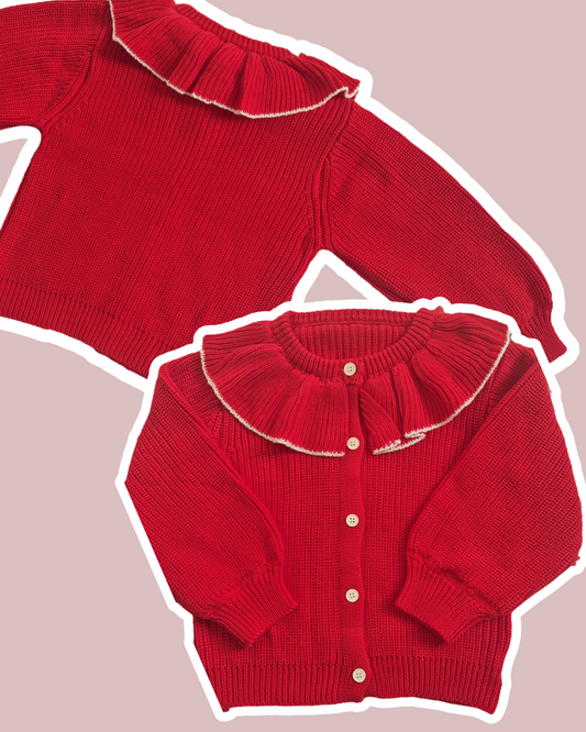 Red and white frill collar knit cardigan, personalised with name for christmas