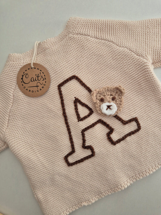 Newborn beige teddy letter 'A' cardigan - Cait's Cardigans