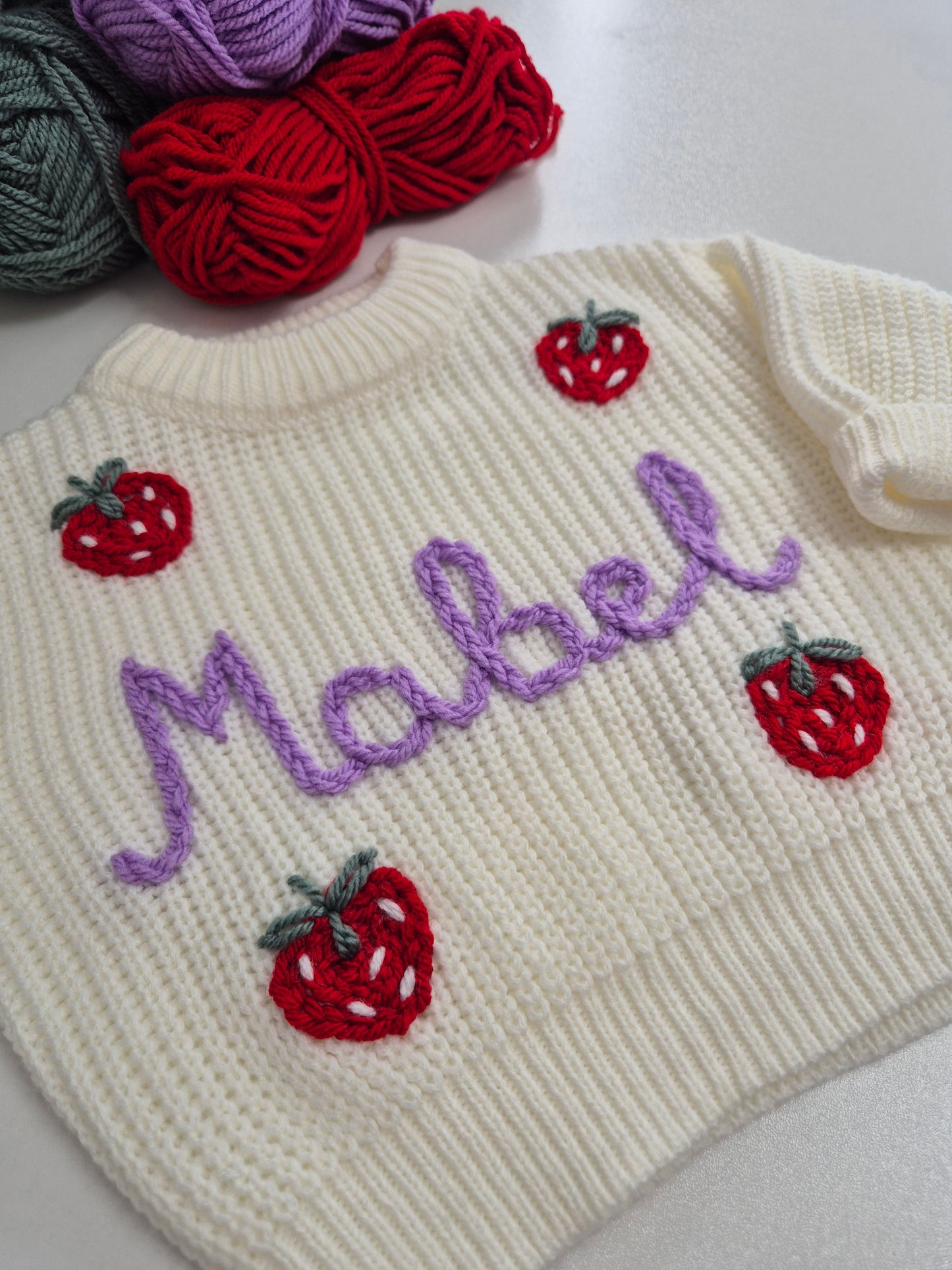 'Mabel' name + strawberries cream embroidered jumper