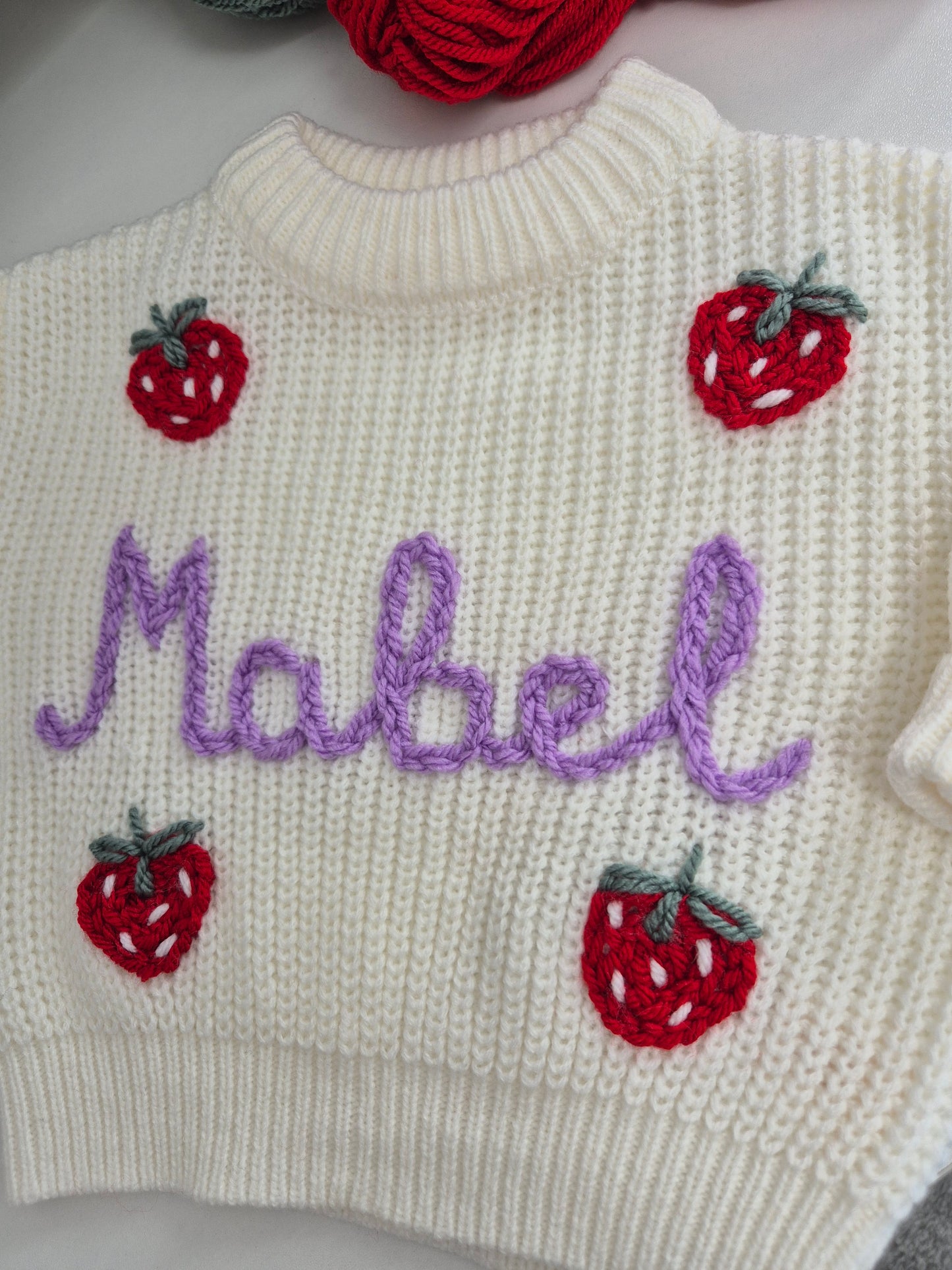 'Mabel' name + strawberries cream embroidered jumper
