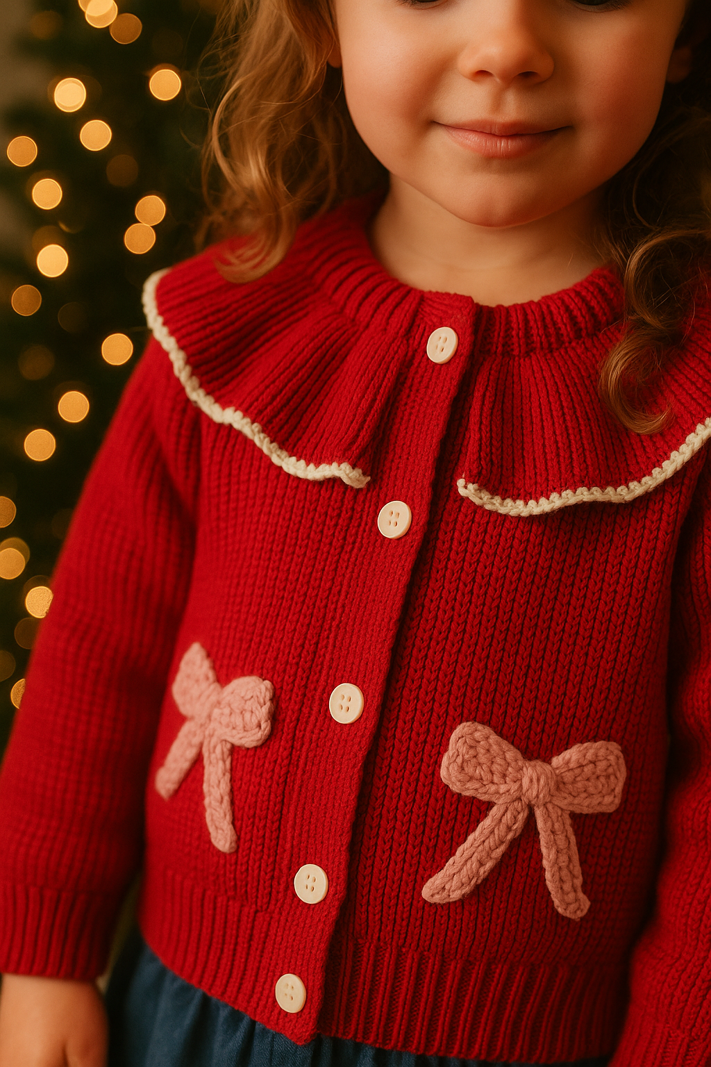 Red and white frill collar knit cardigan, embroidered with bows for christmas