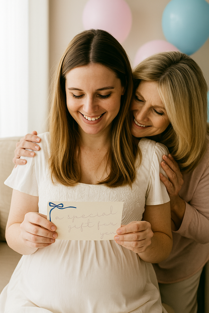 Pregnant mum holding a gift voucher card at her baby shower. Perfect personalised gift ideas