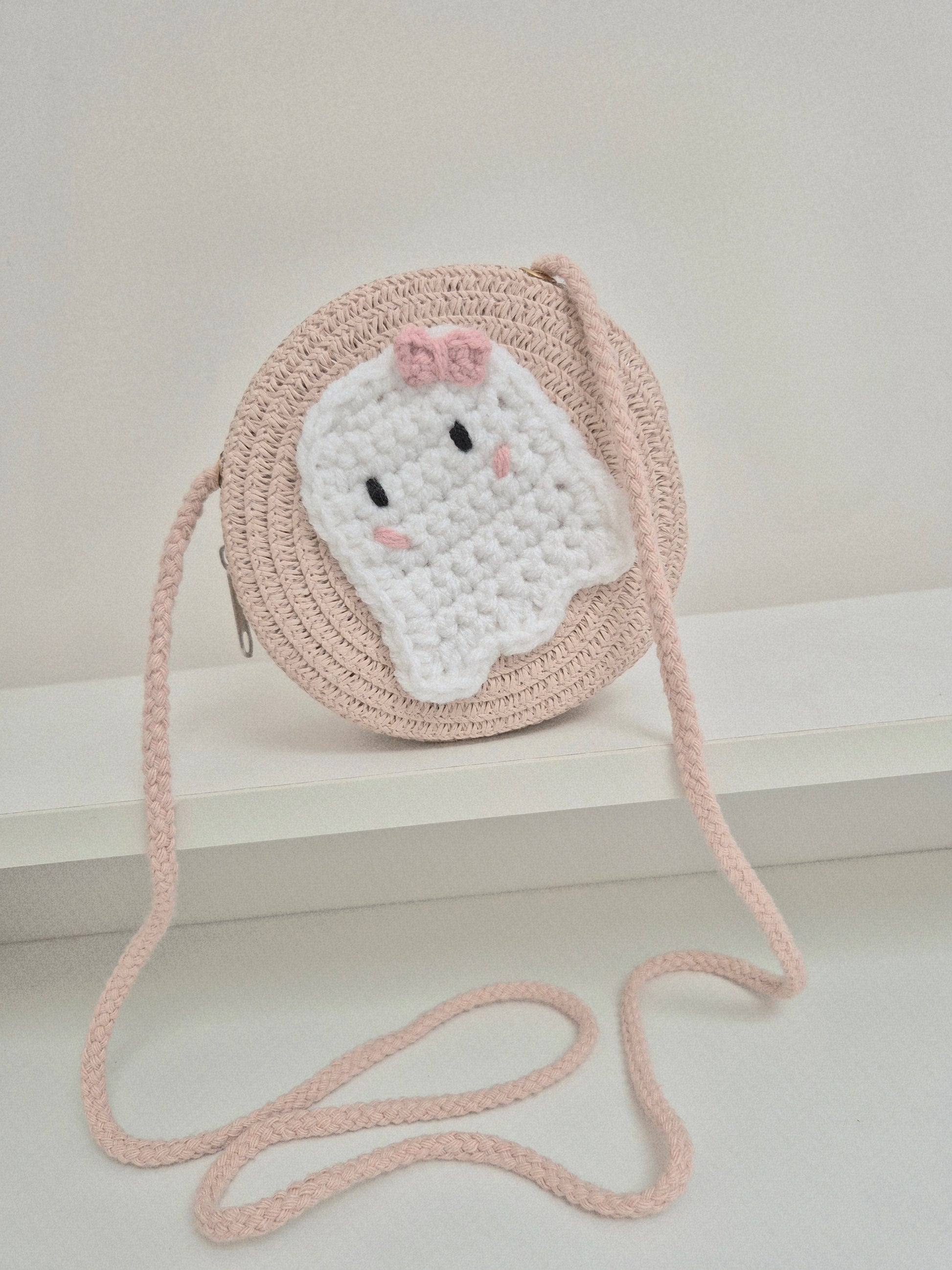 Mini straw woven bag with cute ghost applique, halloween gifts for girls
