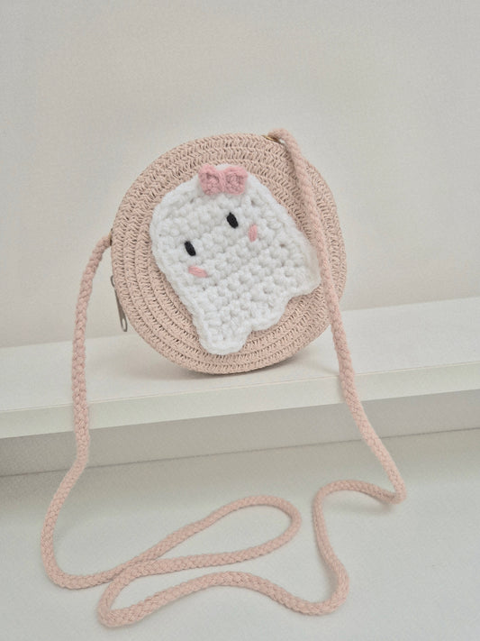 Mini straw woven bag with cute ghost applique, halloween gifts for girls