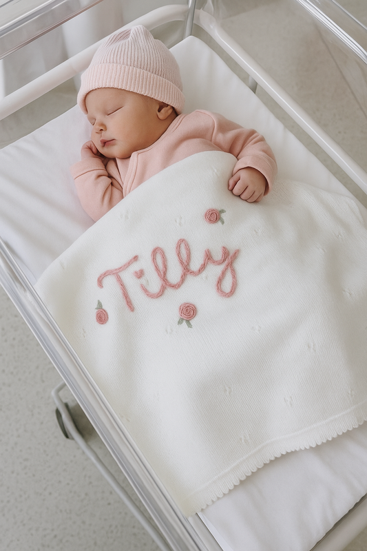 Newborn baby with personalised name embroidered blanket, hospital bag essentials